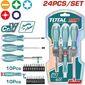 JUEGO DE DESTORNILLADORES X 24 PZS ( INCLUIDO PUNTAS) TOTAL (TACSD302462)