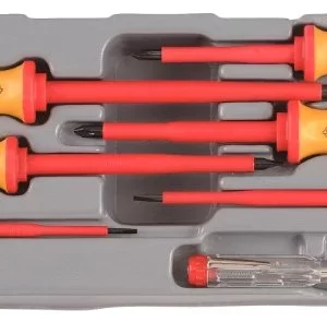 Juego de 7 destornilladores aislados planos, estrella y un probador voltaje